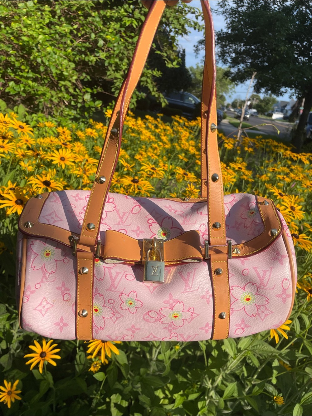 Pink floral cherry blossom leather barrel purse